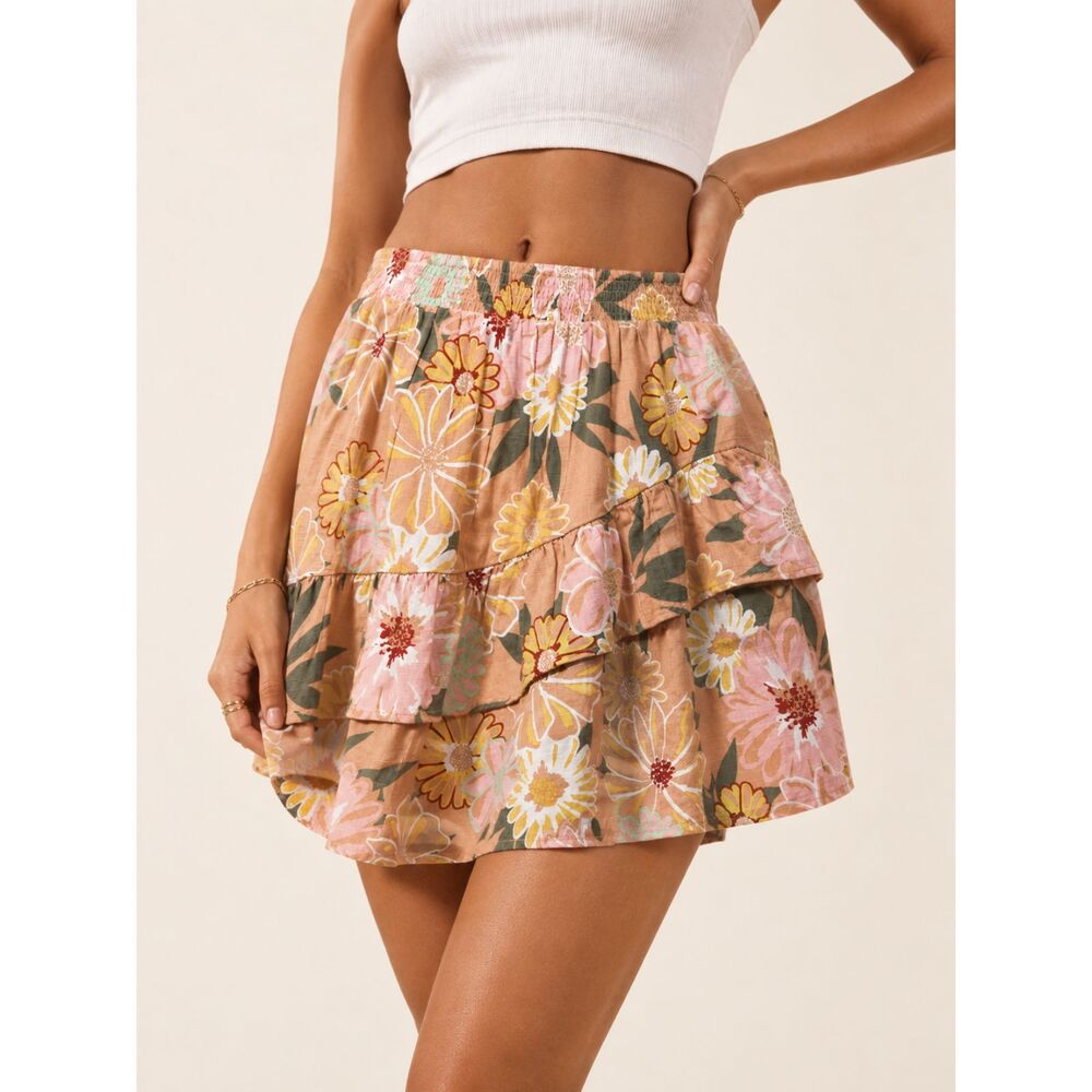 Roxy Floral Tiered Mini Skirt M Pink Brown Boho Y2K Surf Beach Cottagecore